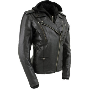 Veste de motard en cuir noir de qualité supérieure pour femme SAMROZ SPORTS avec capuche - Product Image 4