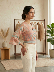 <b>Peach</b> Color Paisley Print Wrap <b>Top</b> V Neck Flared Half Sleeves Tie Up Bohemian Chiffon Crop Blouse Comfortable Women's Wear - Product Image 4