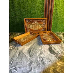 Ensemble de 3 plateaux de service artisanaux en bois avec impression blanche, décoration élégante et rustique pour la table de cuisine, cadeau idéal pour la salle à manger à la maison - Product Image 2