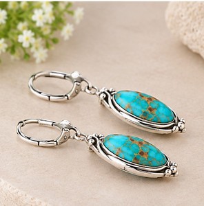 Muhave Turquoise <b>Silver</b> <b>Dangle</b> <b>Earrings</b>, 925 Sterling <b>Silver</b> Turquoise <b>Earrings</b>, Oval Blue Gemstone Drop <b>Earrings</b>, Boho Southwes - Product Image 2