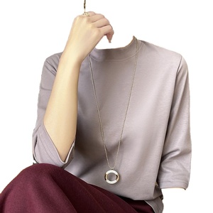 Été Automne Nouveau T-shirt en coton à manches courtes T-shirt à col semi-haut pour femmes Chemise à manches amples avec haut à l'intérieur - Product Image 2