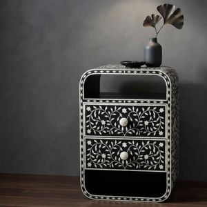 Resin Bone Inlay Nightstand Side Table With Drawers and <b>Shelf</b> Bedroom <b>Bedside</b> Cabinet - Product Image 1