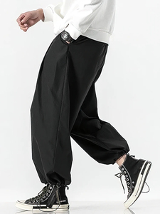 Men's Black Harem <b>Pants</b> Elastic Waist Drawstring Casual Joggers Breathable Side Pockets Midweight Polyester Autumn Style - Product Image 3