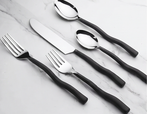 Ensemble de couverts minimalistes avec poignées noires, acier inoxydable poli miroir, passe au lave-vaisselle, pour mariage et usage domestique - Product Image 1