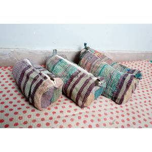 Lot de 3 trousses de toilette matelassées vintage en coton 100 % avec fermeture éclair et pompons, grand format, écologiques et portables pour femmes - Product Image 3