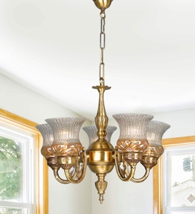 Vintage Brass Chandelier with Textured Glass <b>Shades</b> Classic Traditional Hanging Ceiling <b>Light</b> Elegant Antique Style Pendant Lamp - Product Image 1