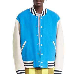 Men's Blue <b>White</b> Color Blocking Varsity <b>Jacket</b> Regular Fit Turn-down Collar Fleece Material Casual Autumn Wear - Product Image 1