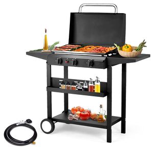 3 Burner <b>Flat</b> <b>Top</b> Gas <b>Griddle</b> Station-30,000 BTU Propane Fuelled Ceramic Coated Cast Iron Cooking Pan - Product Image 1