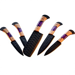 Ensemble de couteaux de chef professionnels texturés noirs de qualité supérieure, 5 pièces, personnalisables, comprenant un couteau Nakiri, un hachoir et un couteau utilitaire de cuisine - Product Image 1
