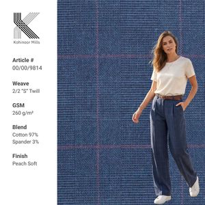 Cotton Spandex S Twill Fabric 260 GSM Blue Check Peach Finished Stretch Twill Fabric Midweight OEM ODM Wholesale Manufacturer - Product Image 1
