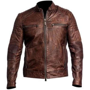 เสื้อแจ็คเก็ตหนังแท้สไตล์คาเฟ่เรเซอร์สีน้ำตาลวินเทจสำหรับผู้ชาย - Product Image 1