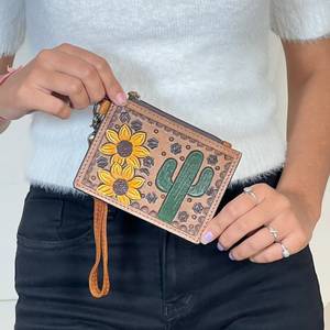 Porte-cartes unisexe en cuir de vachette véritable, nouveau design, motif tournesol et cactus, mini pochette zippée style bohème - Product Image 4