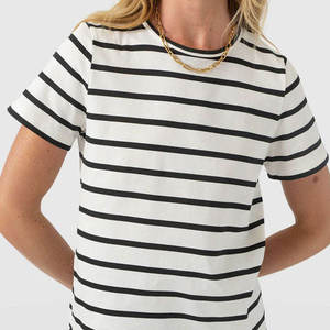 2026 Best Quality Women's <b>Striped</b> Crew Neck Short Sleeve <b>T</b>-<b>Shirt</b> 100% Cotton Knitted Casual Regular Fit <b>White</b> <b>Black</b> Stripes - Product Image 4