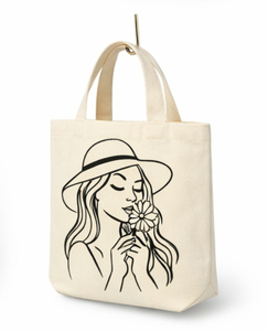 Canvas Tote <b>Bag</b> With Woman In <b>Hat</b> And Flower Design Medium Size Casual Style Daily Use Hand Carry Handle - Product Image 4