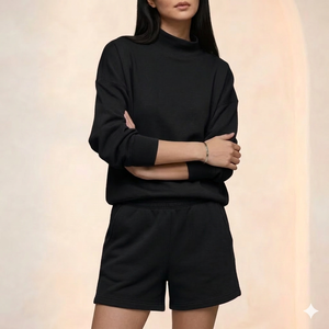 Conjunto de pantalones cortos con cuello simulado para mujer, conjunto de dos piezas de invierno, ropa cómoda, cálida, elegante, informal, para uso diario - Product Image 1