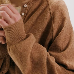 Custom Made <b>Brown</b> Women's 100%Cashmere Button Up Collar Crop Pullover Henley Sweater Full Sleeve Solid Color Autumn Knit Sweater - Product Image 3