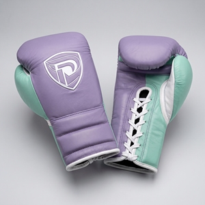Dumela Purple and Mint Leather Boxing Gloves with <b>White</b> <b>Laces</b> and Logo Design - Product Image 1