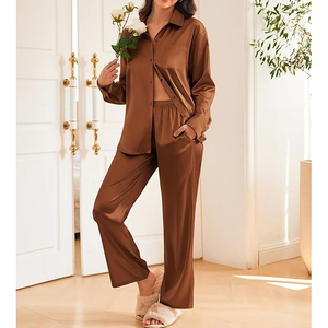 Satin Pajama Set Classic Notch Collar Full Sleeve Button Front Straight <b>Pants</b> Loungewear - Product Image 3