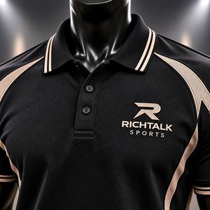 Polo à manches courtes pour homme Noir avec rayures beiges Logo brodé Séchage rapide Coupe classique Style sportif tricoté - Product Image 4