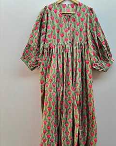 Lightweight <b>Boho</b> Floral Block Print <b>Dress</b> Casual <b>Summer</b> Sundress Balloon Sleeves Pure Cotton Maxi Outfit Women - Product Image 3