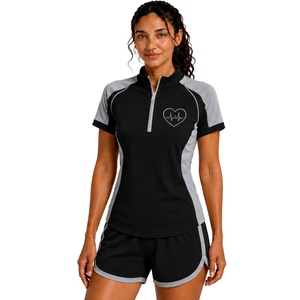 Black Grey Womens Half <b>Zip</b> Sports T Shirt And <b>Shorts</b> Set Quick Dry <b>Short</b> Sleeve Activewear Gym Fitness Running Training Outfit - Product Image 1
