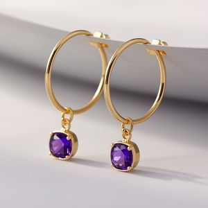 Pendientes de Aro de Oro Sólido de 18K con Amatista, Gema Redonda Morada, Joyería Fina, Elegante y Minimalista para Mujer - Product Image 1