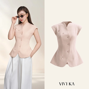 Chaleco sin Mangas con Cuello Mandarín Beige para Mujer, con Botones, Elegante, de Poliéster/Spandex, Estilo Casual de Oficina, YONA - Product Image 1
