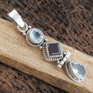 Pendentif en grenat rouge naturel et topaze bleue, collier en argent sterling 925, bijoux pierres de naissance de janvier et de décembre pour femmes, vente en gros - Product Image 2