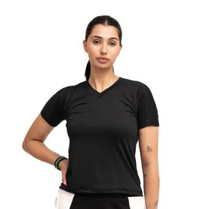 Camiseta negra de manga corta con cuello en V para mujer, camiseta básica informal ajustada, camiseta elástica para el día a día, ropa de moda para mujer, ropa de verano - Product Image 1