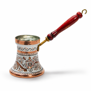 Cafetière turque artisanale en cuivre Cezve Ibrik avec poignée en bois, pour café arabe et grec, finition émaillée, chauffe-thé et expresso - Product Image 1
