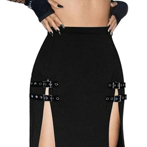 Black Punk Gothic Maxi <b>Skirts</b> with Double Buckle <b>Split</b> for Women Long Goth High Waist Club Party Slit <b>Skirt</b> - Product Image 6