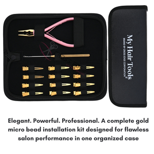 Kit d'outils professionnels pour extensions de cheveux micro-anneaux et microlinks roses, comprenant des pinces à sertir, des crochets pour nano-anneaux et des clips, dans une mini-boîte en rexine. - Product Image 5