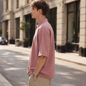 เสื้อโอเวอร์ไซส์ผู้ชายผ้าถักกันยับ พิมพ์โลโก้ตามสั่ง สีชมพูอมเทา ผ้าฝ้ายหนานุ่ม ทรงหลวม สไตล์ลำลอง สตรีทแวร์ - Product Image 6