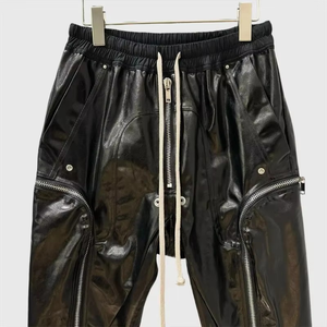 Pantalon cargo en cuir pour homme, style moto, noir enduit, tendance safari, avec poches, style utilitaire - Product Image 4