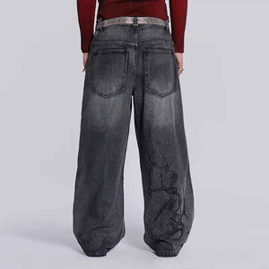 Vaqueros de mezclilla de hombre de cintura alta y pierna ancha, lavados a la piedra, con bordado a mano, estilo streetwear, de algodón, corte holgado, para otoño 2026 - Product Image 2