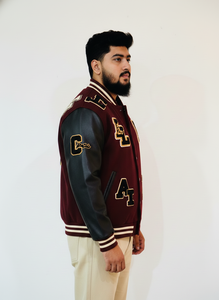 Custom Men's Melton Wool Varsity <b>Jacket</b> with Leather Sleeves Patchwork Design Stand <b>Collar</b>-Windproof & Waterproof Wholesale - Product Image 3