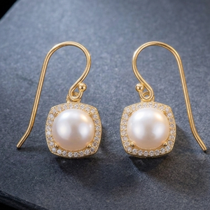 Boucles d'oreilles élégantes en perles blanches CZ, argent sterling 925 plaqué or 18 carats, 10 mm, bijoux ethniques pour femmes - Product Image 4