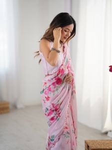 Elegante Saree de Chinnon con Estampado Floral para Mujer, Ropa India y Pakistaní para Fiestas, Saree para Compra al por Mayor - Product Image 1