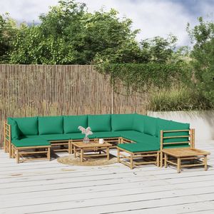 Ensemble de salon de jardin en bambou naturel avec coussins en polyester vert - Product Image 1