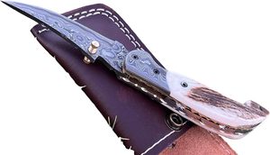 Couteau pliant de chasse fait main avec manche style cerf, bouton-pression et étui en cuir – Vente en gros A&M ENTERPRISES - Product Image 2