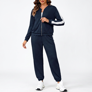 Ensemble de survêtement bleu marine pour femme, manches longues, fermeture éclair sur le devant, couleur unie, ensemble décontracté avec poches latérales, vêtements d'automne - Product Image 5