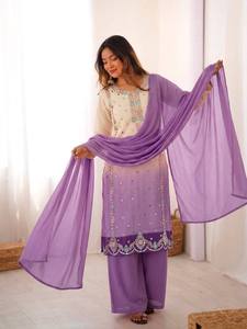 Luxury Georgette Kurta Pant Dupatta Set with Rich <b>Sequins</b> Embroidery and Traditional Ethnic Elegance - Product Image 3
