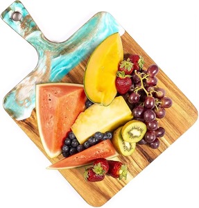 Wooden Resin Cheese Board Rectangle Handle Blue <b>Acrylic</b> Design Chopping <b>Block</b> With Knife Slot - Product Image 4