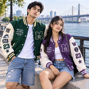Blouson universitaire unisexe en coton, coupe classique, col montant, coupe-vent, avec patch lettres brodé et motif en relief, style preppy, automne - Product Image 6