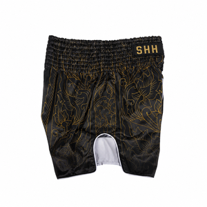 กางเกงขาสั้นมวยไทยสีดำทอง Shh กางเกงมวยผ้าซาตินของผู้ชายดีไซน์ปกติพอดีพิมพ์ลาย - Product Image 3