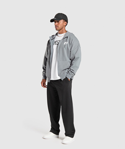 Sweat-shirt à capuche zippé intégral pour homme, en molleton 100% coton épais, coupe oversize à épaules tombantes, gris uni, style streetwear - Product Image 2