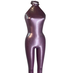 Women's Purple PU Coated Sleeveless High Waist <b>Jumpsuit</b> Solid Color Skinny Fit Butt-Lifting Clubwear Full Length Halter Neck - Product Image 1