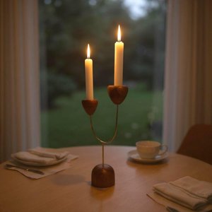 Wooden <b>Candle</b> <b>Stand</b> with Brass Frame Double Holder for Home Decoration table ware natural finish - Product Image 3