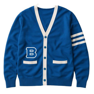 Cardigan en tricot bleu pour homme, col en V, manches longues, fermeture boutonnée, style automne, pull avec logo lettre B, coupe classique - Product Image 1