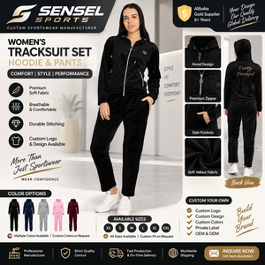 SENSEL SPORTS Custom Women <b>Tracksuits</b> Set <b>Velvet</b> Zip Hoodie Pants 100% Cotton Eco-Friendly Heavyweight Sportswear Casual Jogging - Product Image 1